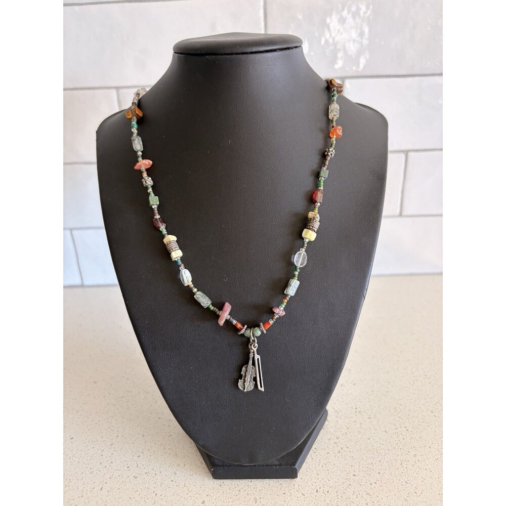 925 Sterling Silver Violin Necklace Artisan Boho Multicolor Gemstone Beaded vtg